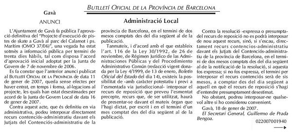 Butllet&iacute; Oficial de la Prov&iacute;ncia de Barcelona on es publica l'aprovaci&oacute; de la pista d'SKATE de Gav&agrave; Mar (29 de gener de 2007)